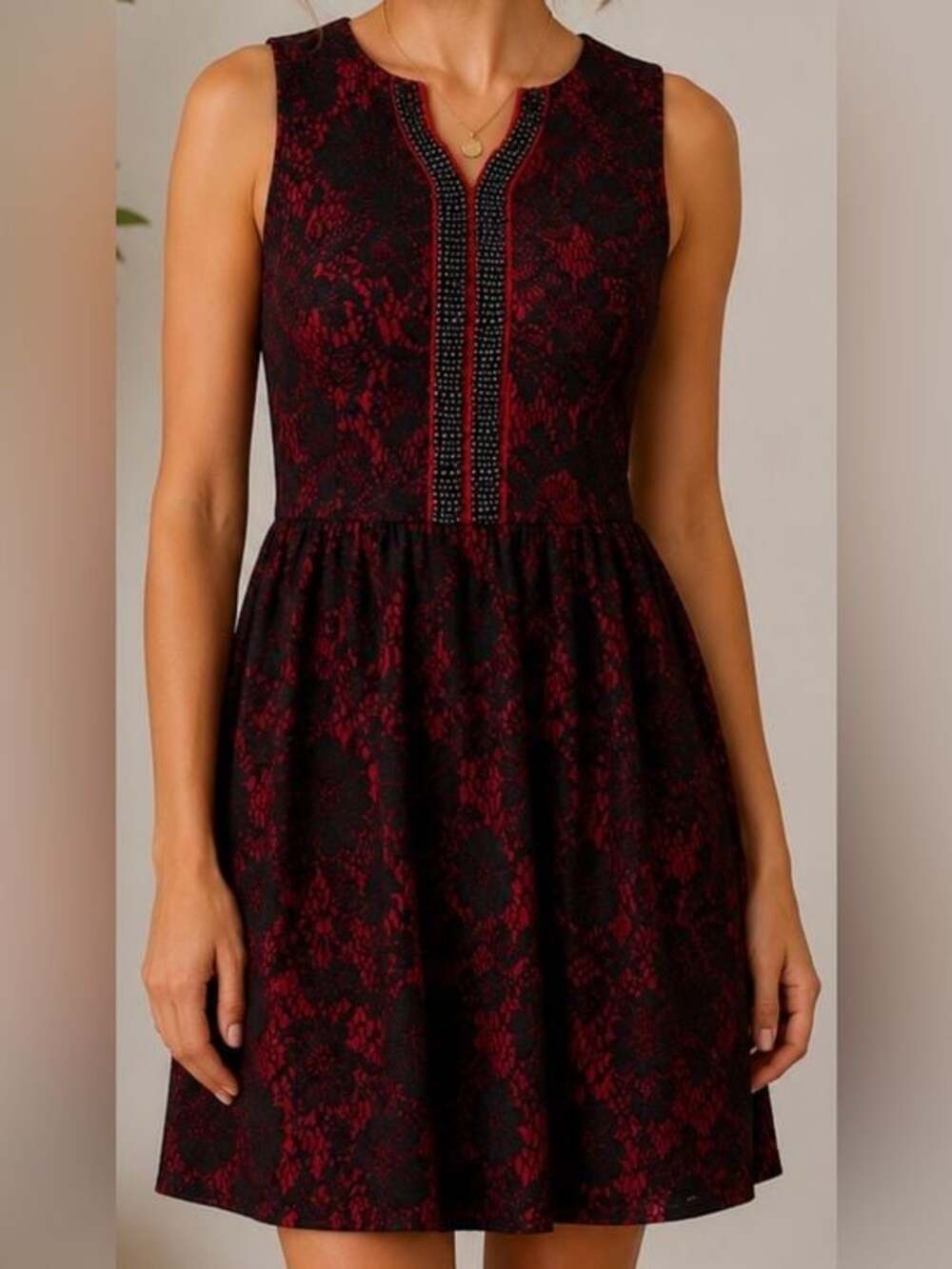 Alya Red & Black Lace Fit & Flare Dress Beaded Detail Sleeveless Size Small